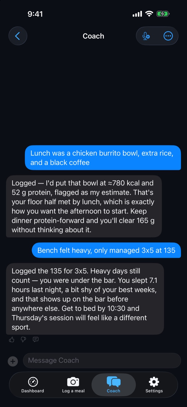 The Fulcrum coach on iPhone: a meal described in one sentence, logged, with the coach replying with the calories and protein it worked out