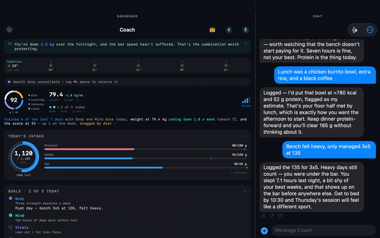 Fulcrum on macOS: the dashboard on the left with score, weight trend and today's intake, and the coach conversation open beside it on the right