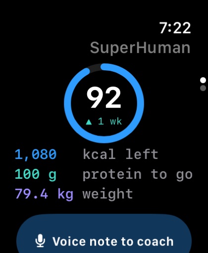 Fulcrum on Apple Watch: the daily score, calories left and protein to go, with a button to dictate a note to the coach