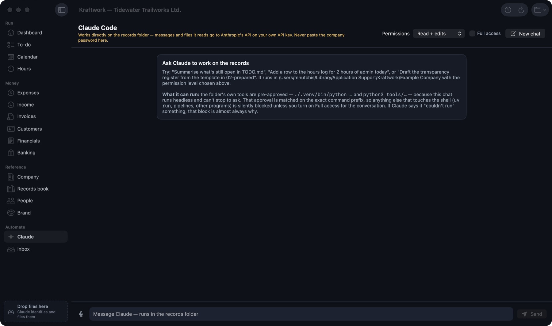 The Claude tab in Kraftwork: a permissions picker set to Read and edits, a Full access toggle, and a panel explaining which commands are pre-approved and which are blocked