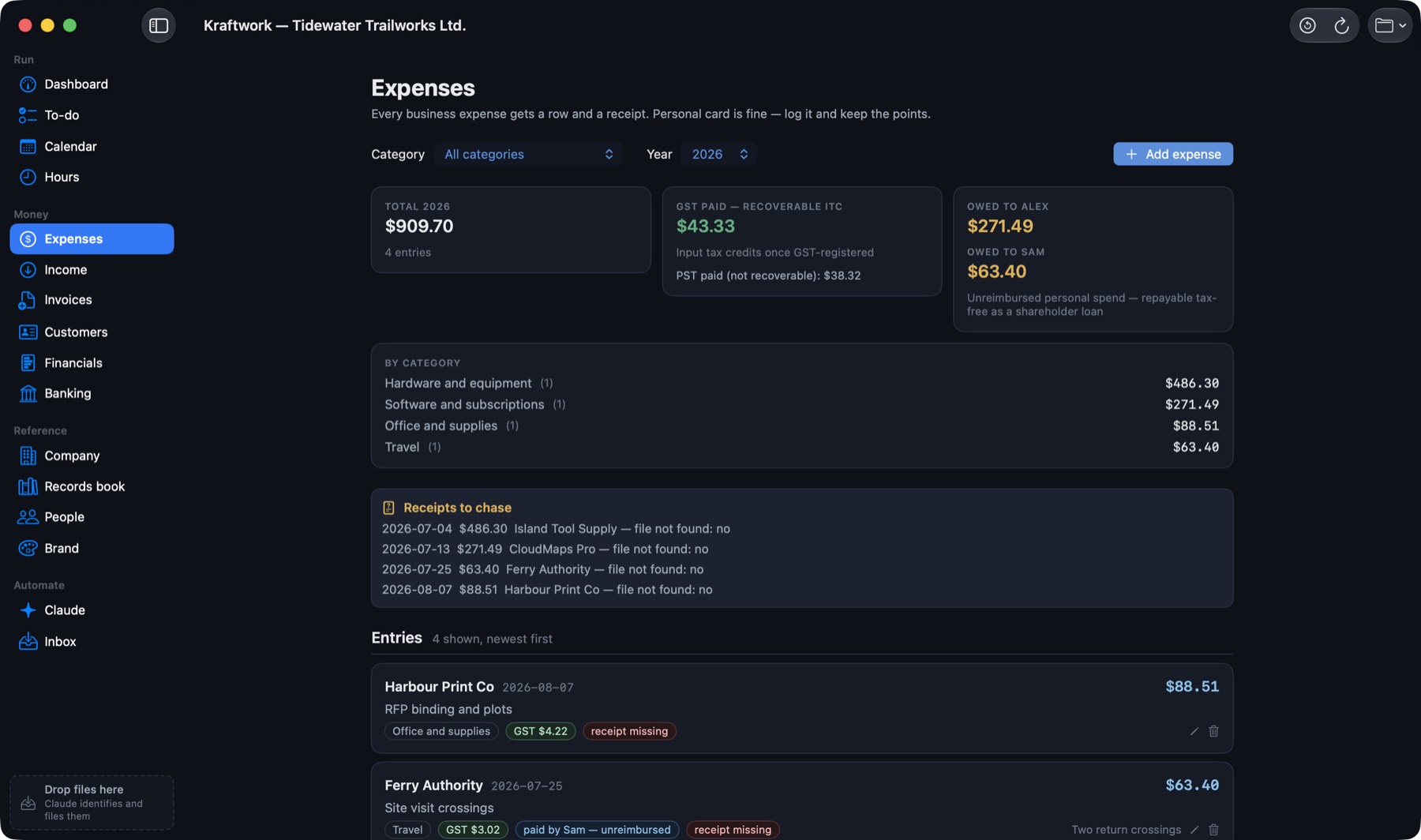 Kraftwork expenses: logged expenses by category with GST recoverable, what the company owes each shareholder, and which receipts are still missing